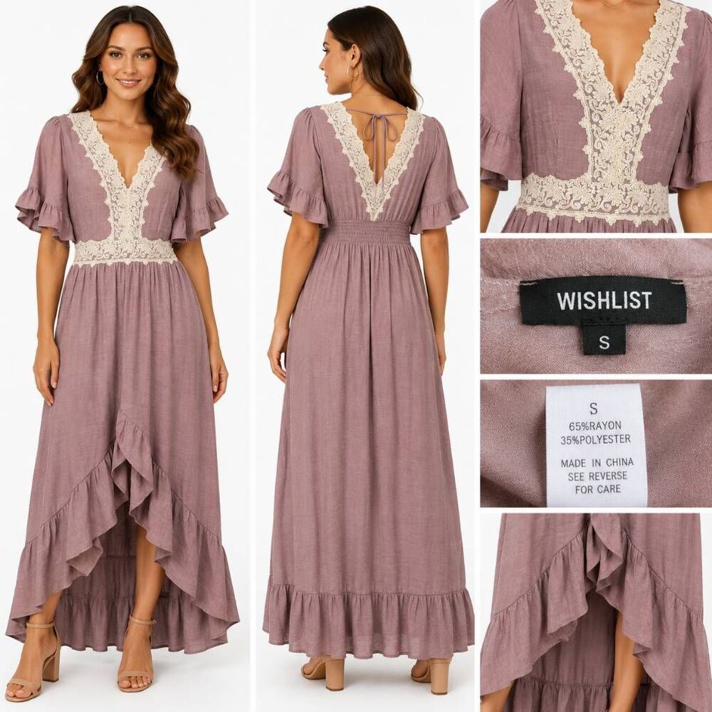 Wishlist Mauve Lace Hi Low Maxi Dress Small Boho